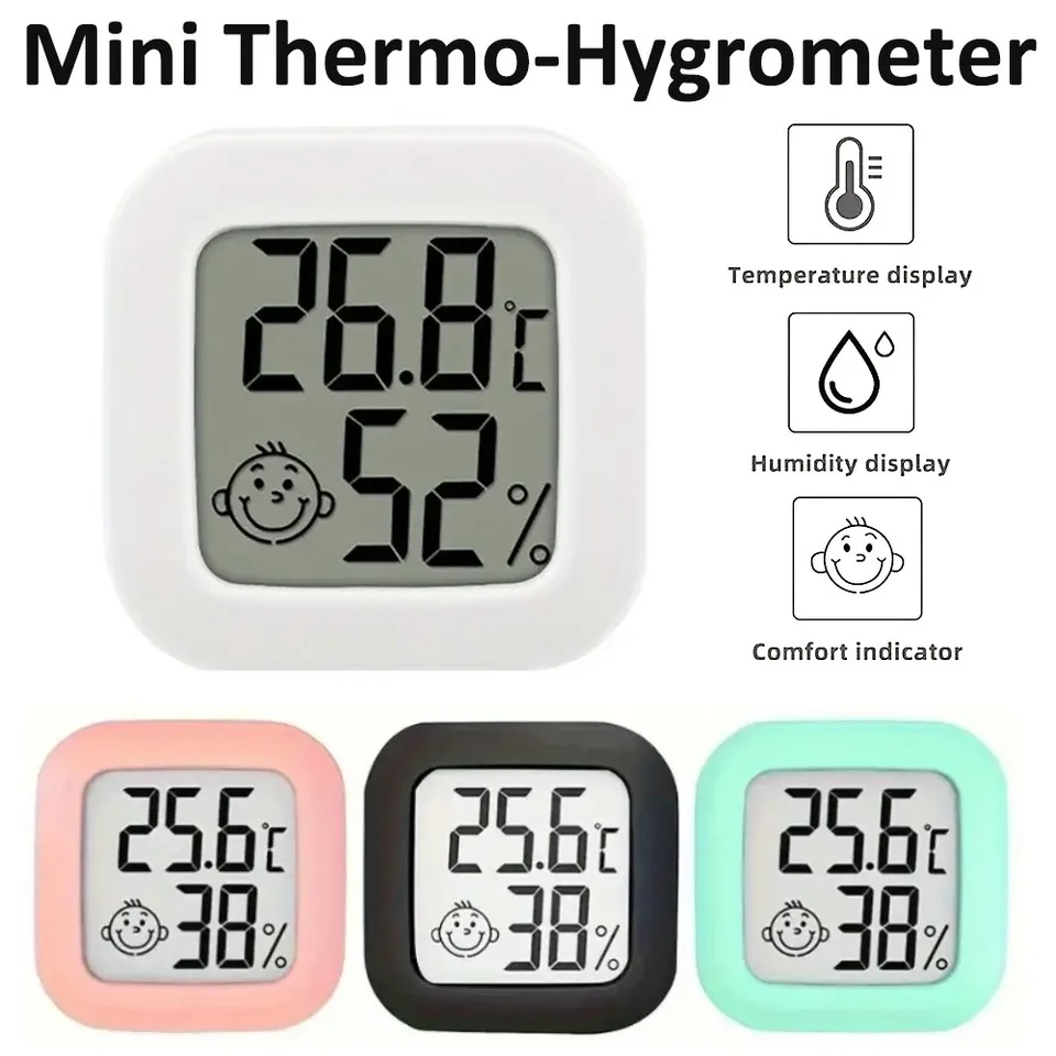 Mini Electronic Thermometer with Smiley Design, Digital Display Indoor Temperature and Humidity Monitor for Home Use