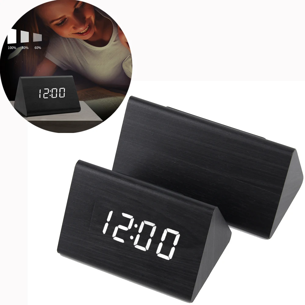 Table Alarm Clock LED Wooden Digital Clock Voice Control LCD Time Display USB Charger Desktop Electronic Clock Home Office Decor