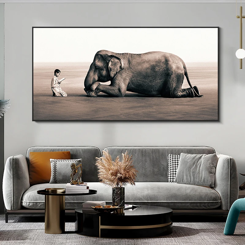 Boy Reading to Elephant Canvas Painting Ashes and Snow Posters and Prints Wall Art Animals Pictures for Living Room Home Decor