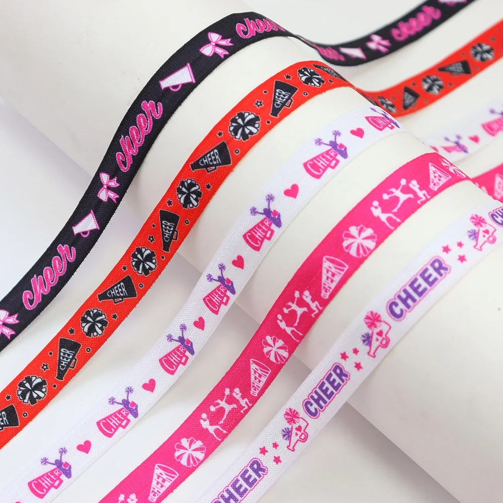 5/8'' 15mm Cheer Print Shiny FOE Fold Over Elastic Spandex Satin Band Hair Tie Headband Dress Sewing Lace Trim