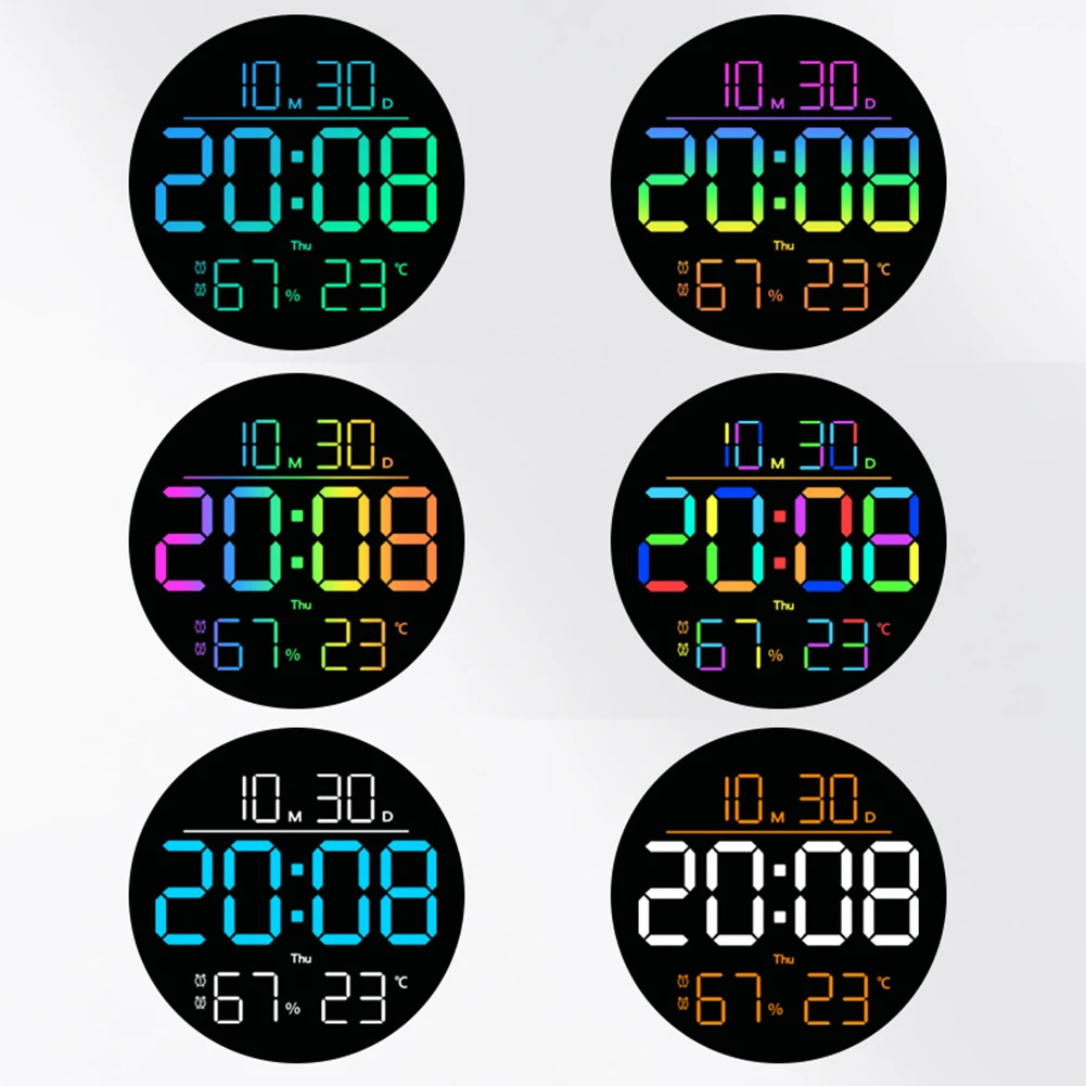 Colorful RGB Wall Clock With Remote Control Displays Date, Day, Temperature, And Humidity For Home Decor