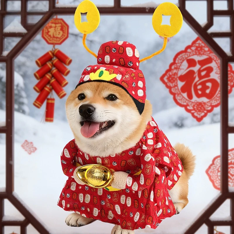 Chinese New Year Fortune God Pet Costume for Cats Dogs, Adjustable Red Cotton Dress Up Outfit with Hat, Festive Party