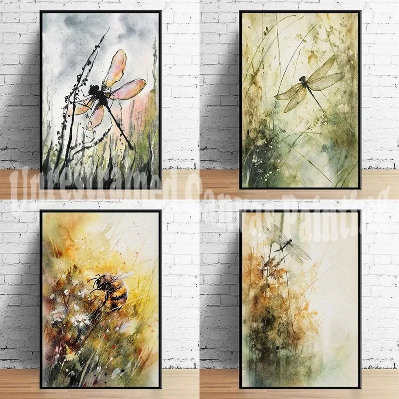 Dragonfly Honey Bee Dragonfly Watercolor Insects and Plants Poster Canvas Painting Nature Wall Art Picture Office Home Decor