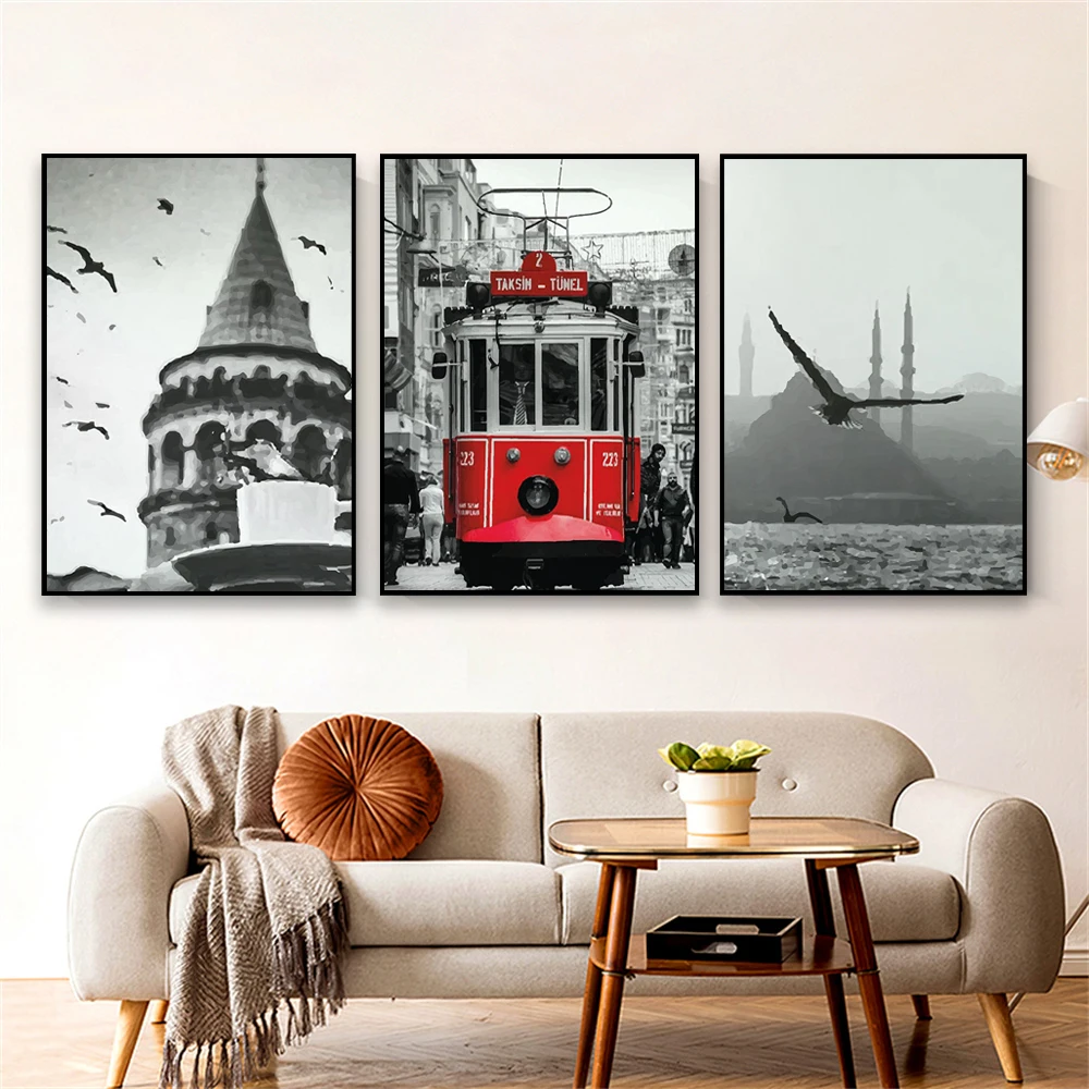 Istanbul Vintage Poster Black White Istanbul Wall Art Prints Turkey Street Great Mosque Travel Canvas Painting Office Home Decor
