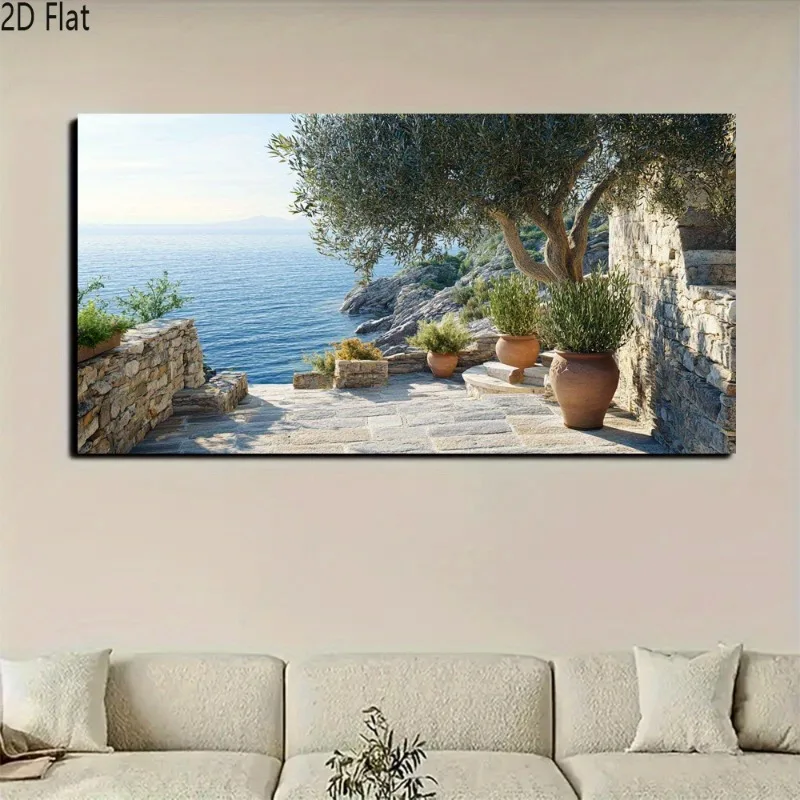 Coastal Stone Pathway with Olive Trees and Sea View Frameless Canvas Wall Art Modern Vintage Design Elegant Home Office Decor