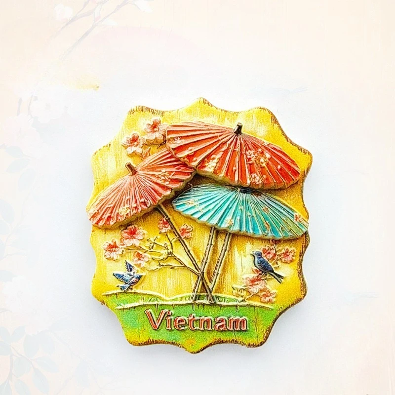 Vietnam Umbrella Fridge Magnet - Charming 3D Colorful Trio Souvenir Unique Southeast Asian Gift for Travel & Tropical Home Decor