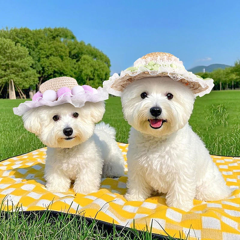 Adjustable Sun Hat For Dogs Cats Outdoor Lace Princess Bow Summer Sun Protection Pets Hat Pet Dress Up Hats Pet Supplies
