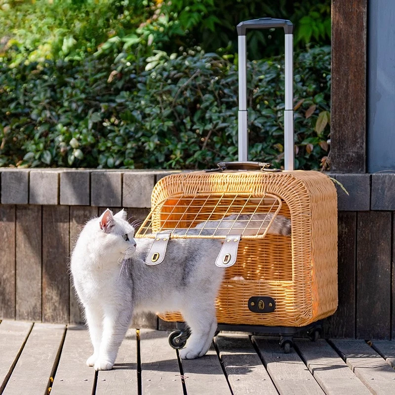 Portable Cat Carriers Stylish Pet Rolling Suitcase Large Capacity Woven Pet Travel Breathable Trolley Box for Cats & Small Dogs