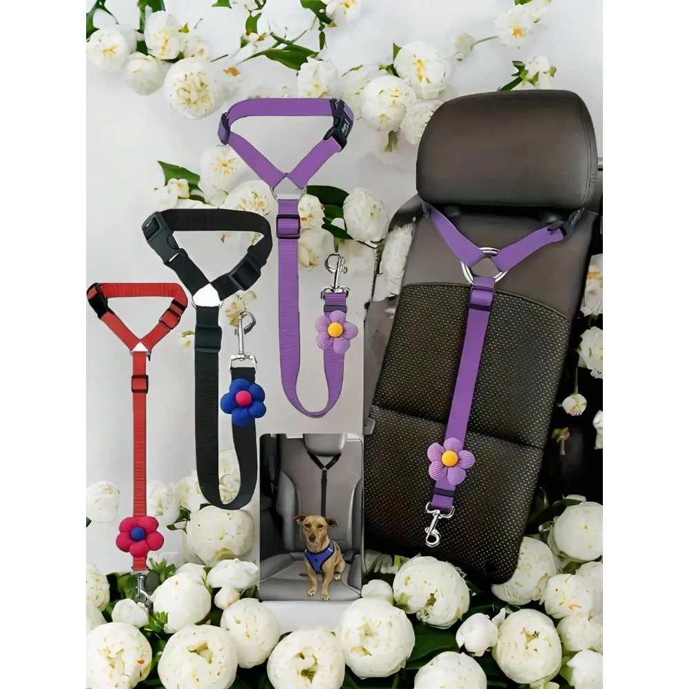 Solid Color Two-in-one Pet Car Seat Belt Nylon Lead Leash Backseat Safety Belt Adjustable Dogs Harness Collar Pet Accessories