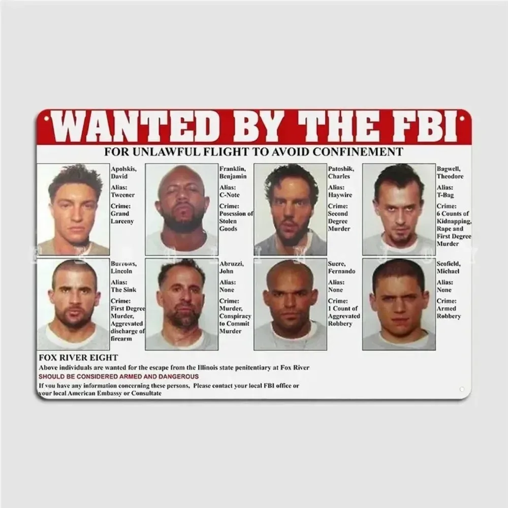 Retro Prison Break FBI Wanted Poster Metal Tin Sign Vintage Wall Art Decor for Home Bar Man Cave Kitchen