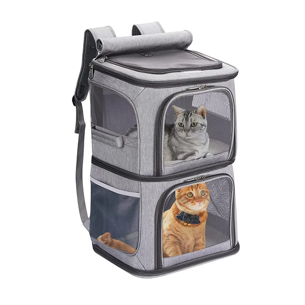 Double-Compartment Pet Carrier Backpack Two Cat Backpacks Foldable Oxford Cloth Dog Bag Super Ventilated Outdoor Bags