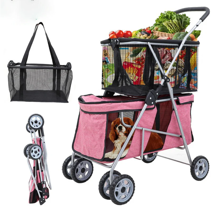 Foldable Pet Stroller Shopping Cart Double Layer Large Capacity Separate Cat Bag Dog Car Portable Pet Products Accessories