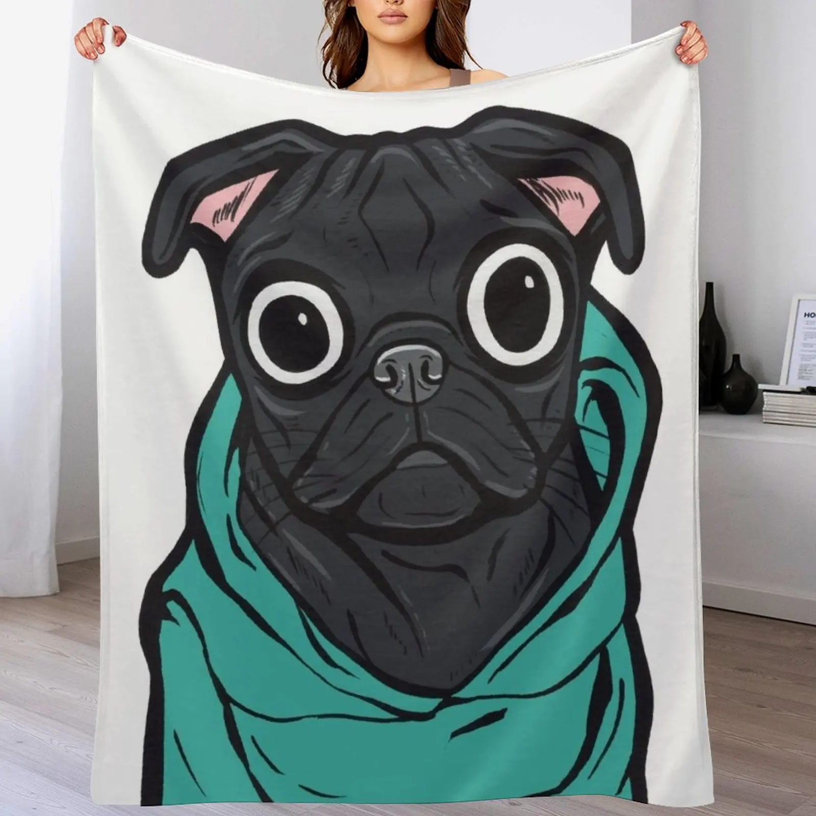 Black Pug Hoodie Throw Blanket Reusable Durable Soft Blanket for All Seasons