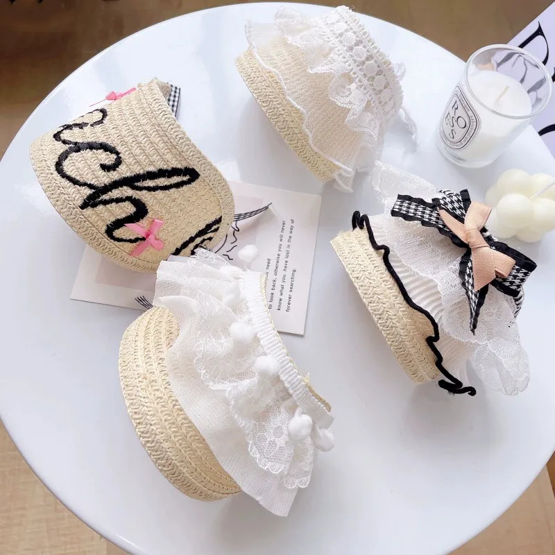 Adjustable Korean Style Pet Straw Hat Summer Sun Cap with Lace Bow Decor for Small Dogs Breathable Pet Accessory