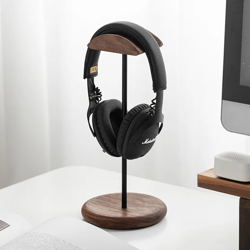 Walnut Wood & Metal Headphone Stand – Minimalist Gaming Headset Holder for Desk, Office & Home – Premium Earphone Display Rack
