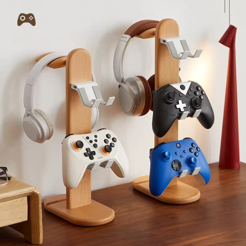 Universal Gaming Headset Stand Solid Wood All-in-One Storage Rack for Gamepad Headphone Holder Premium Wooden Desk Organizer
