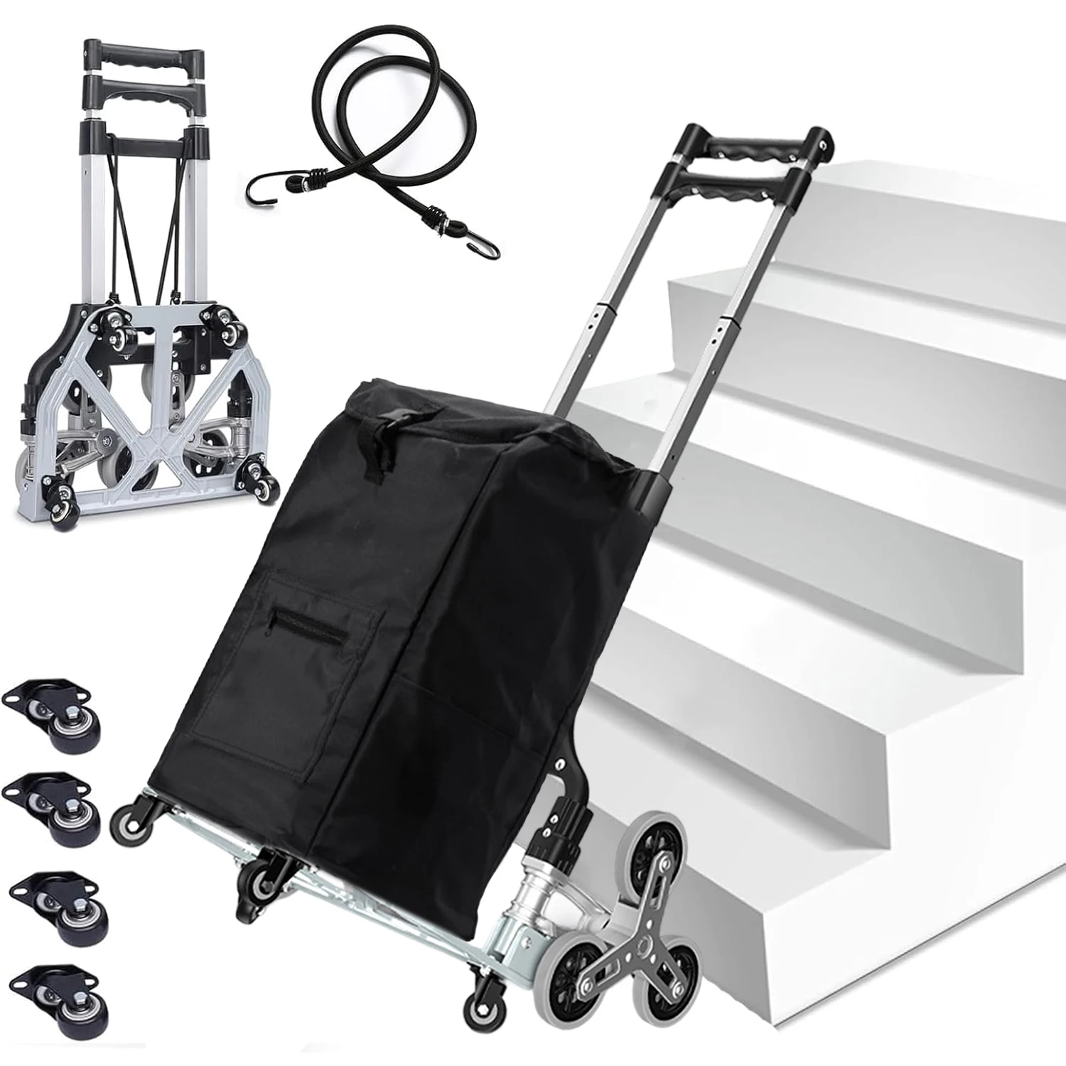 Foldable Shopping Trolley Stair Climbing Handcart Stair Climbing Hand Truck With Rotation TPR Wheel Portable Versatile Handcart