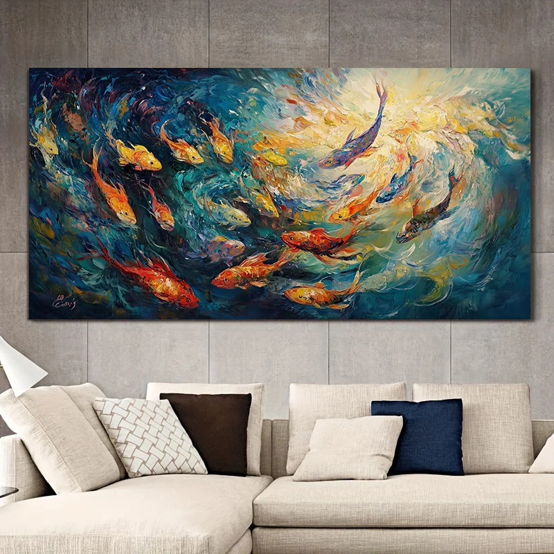2D Flat, 1pc Frameless Abstract Fish Canvas Wall Art for Living Room, Bedroom, Home Office Decor, Creative Home Decor Poster
