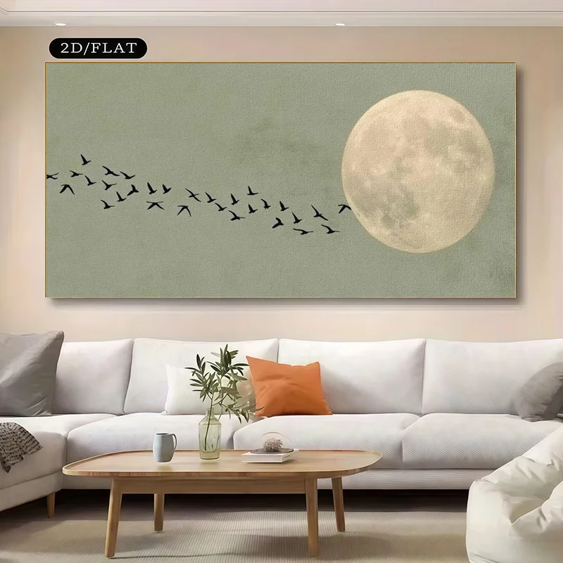 2D Flat, Large Modern Bird and Moon Wall Art Poster Print for Living Room, Bedroom, Office Decor Frameless Canvas Art Home Decor