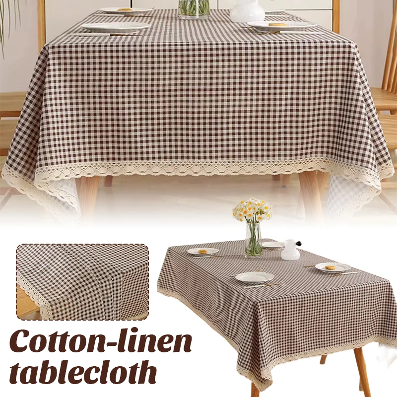 Small Nordic Plaid Desk Cover Cotton Linen Blend with Delicate Lace Hem for Office Writing Table Home Decor
