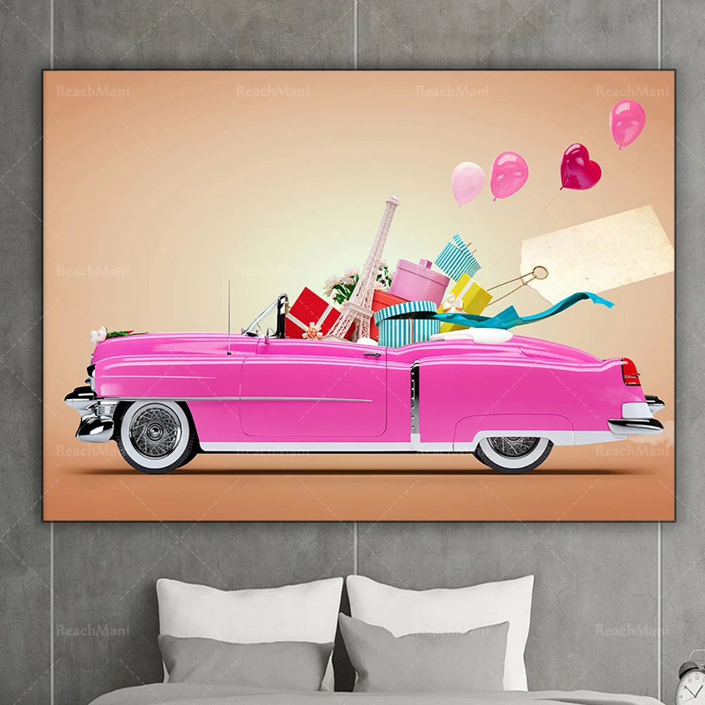 Pink Fashion Car Street Canvas Office Decoration Home Bedroom Wall Poster