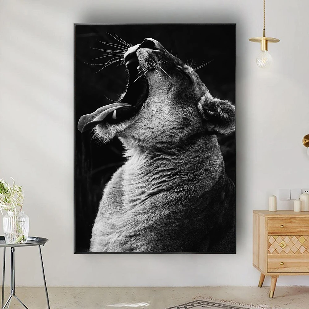 Yawning African Lioness Poster, Modern Black White Photography Art, Animal Portrait Picture, Home Office Room Decor Canvas Print