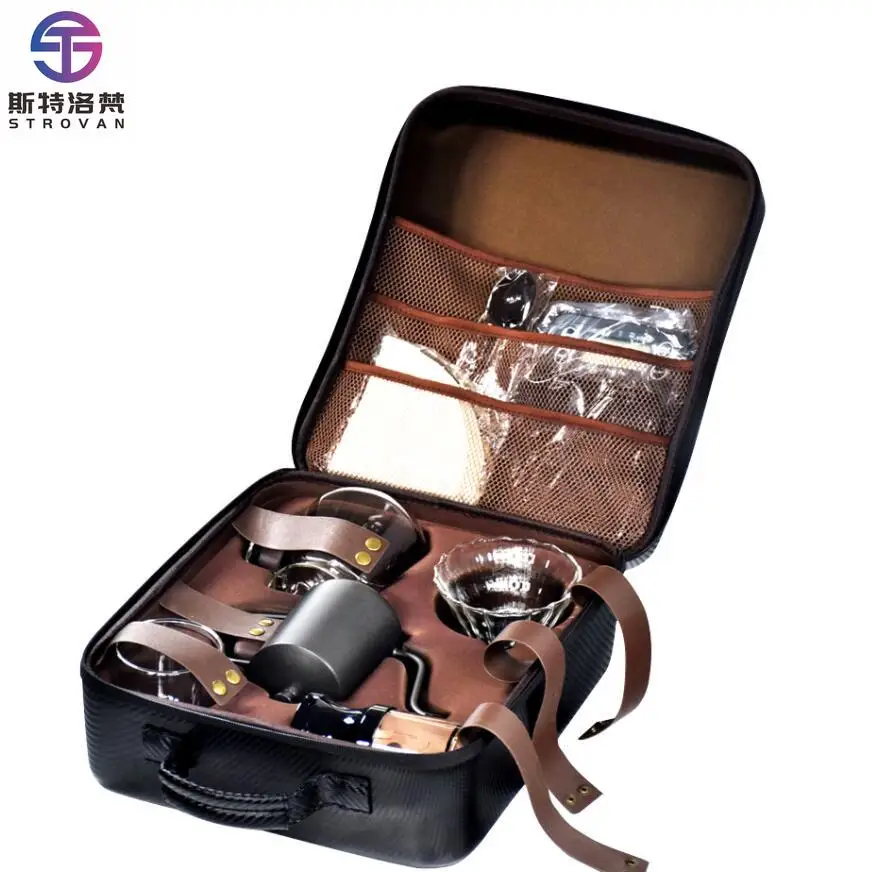 Hot Sale Professional Pour Over Coffee Maker Kit Travel Gift Bag Set with Drip Kettle Manual Grinder Scale for Camping Barista