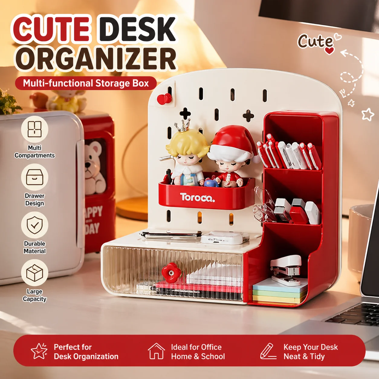 Cute Desk Organizer with Drawer Multi-Functional Storage Box Kawaii Office Desktop Makeup Stationery Holder