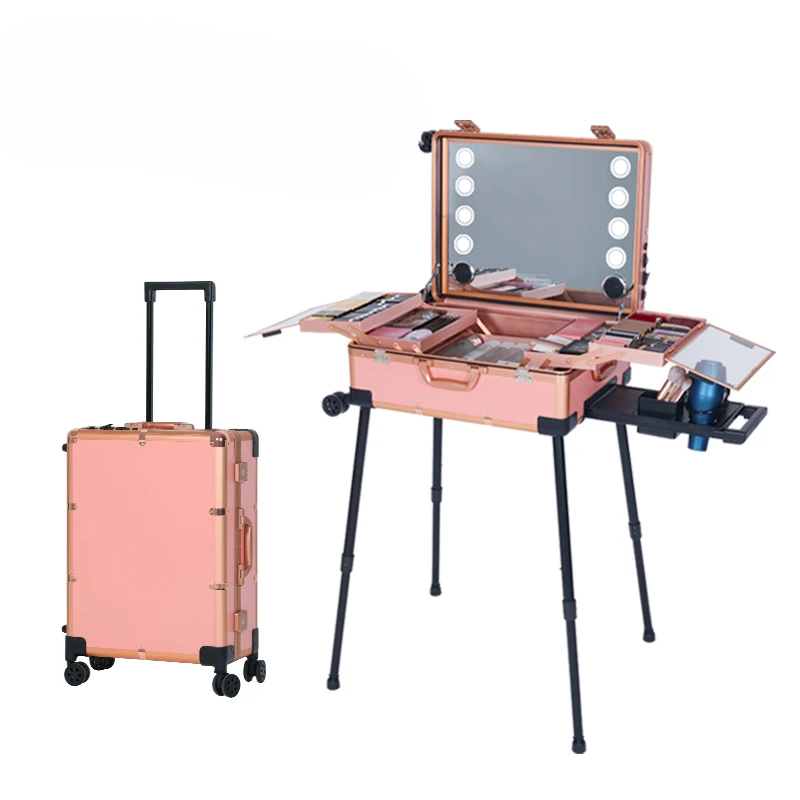-New Trolley Make Up Case Professional Cosmetic Organizer Vanity Station With Led Lights Wheels And Stands Travel Table & Mirror