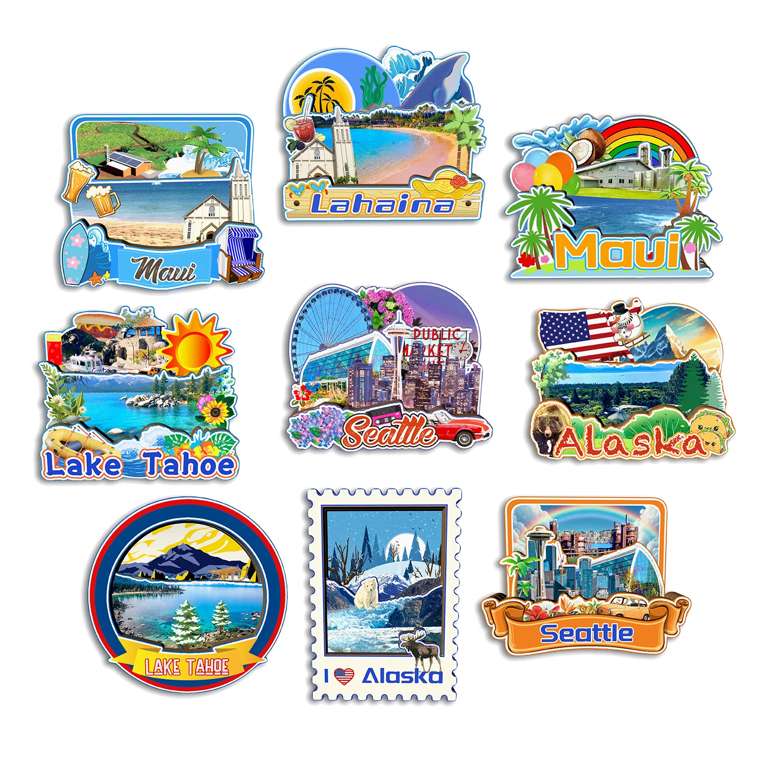 Alaska Seattle Lake Tahoe Maui Lahaina USA Fridge Magnet Travel Souvenir Gift Handmade Decorative Refrigerator Sticker Home