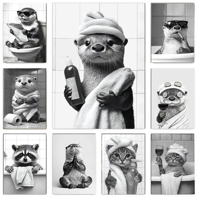 Funny Otters & Raccoons Baths Canvas Prints Cats Drinking Animals Wall Art Posters for Modern Living Room Bathroom Home Decor