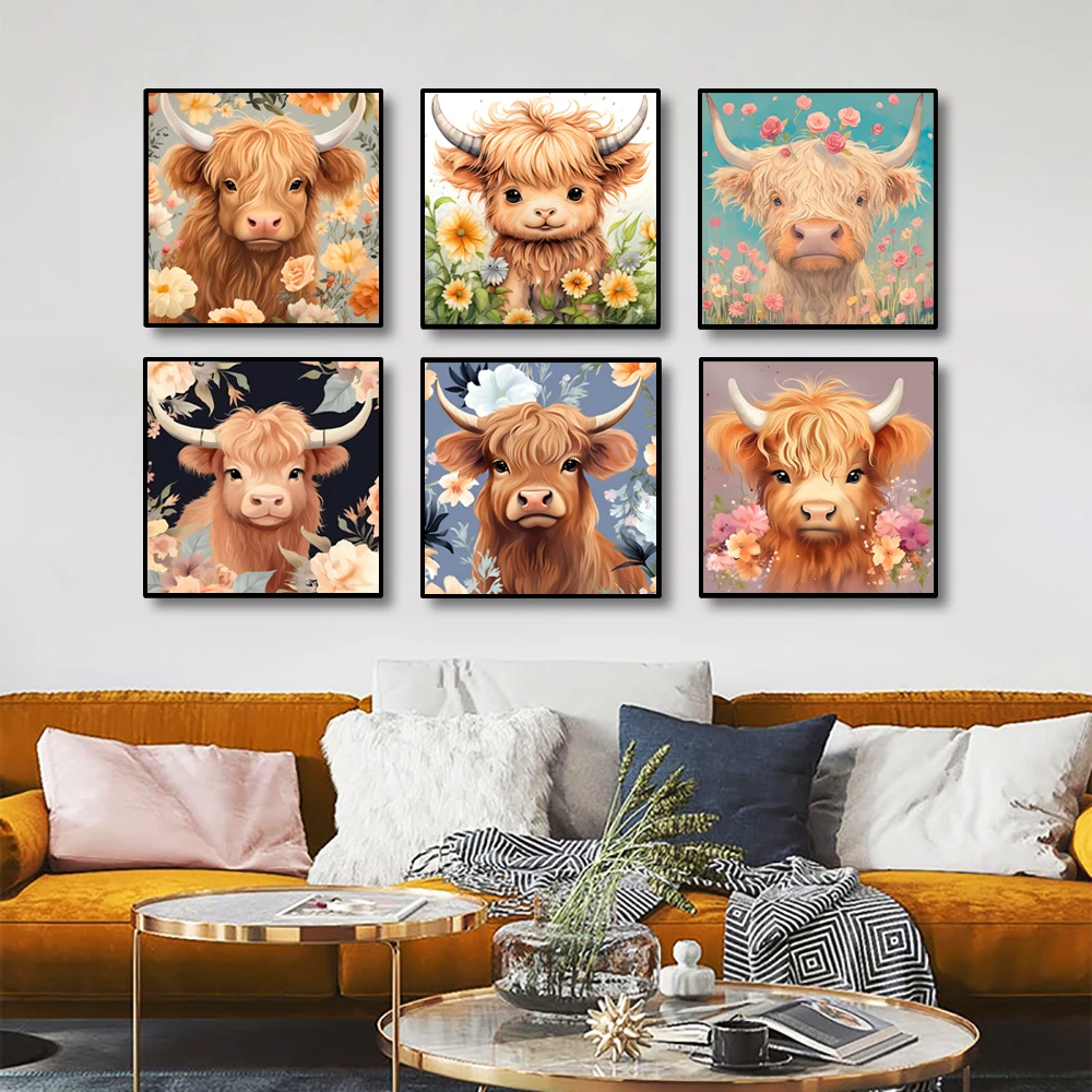Nordic Cute Highland Cow Wreath Logo Canvas Prints Calf Flower Wall Art Poster for Living Room Bedroom & Home Spring Decor Gift