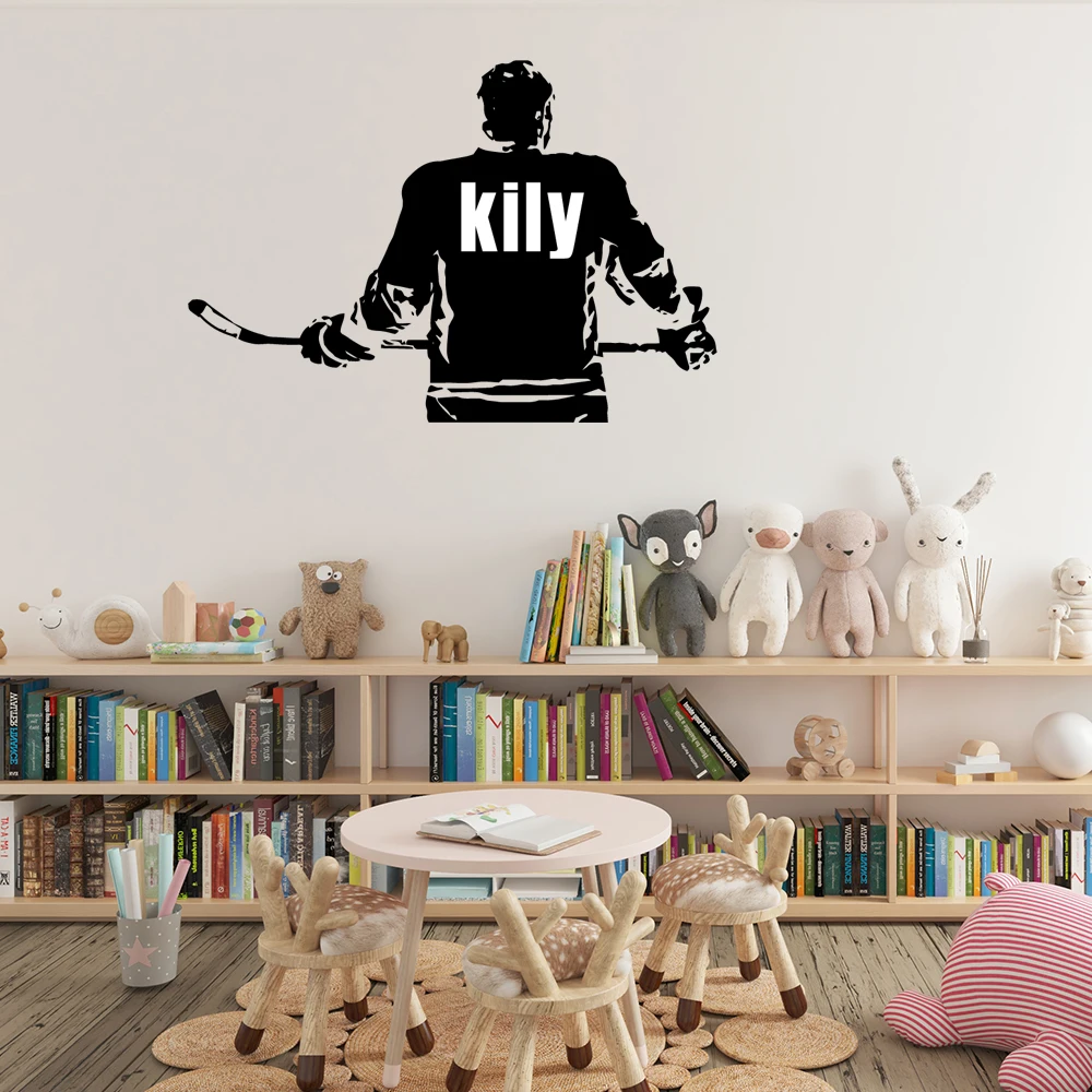 1 pc new Custom Name Hockey player waterproof Wall Sticker Vinyl gym Home Decor Boys Room Home Party Decor Wallpaper