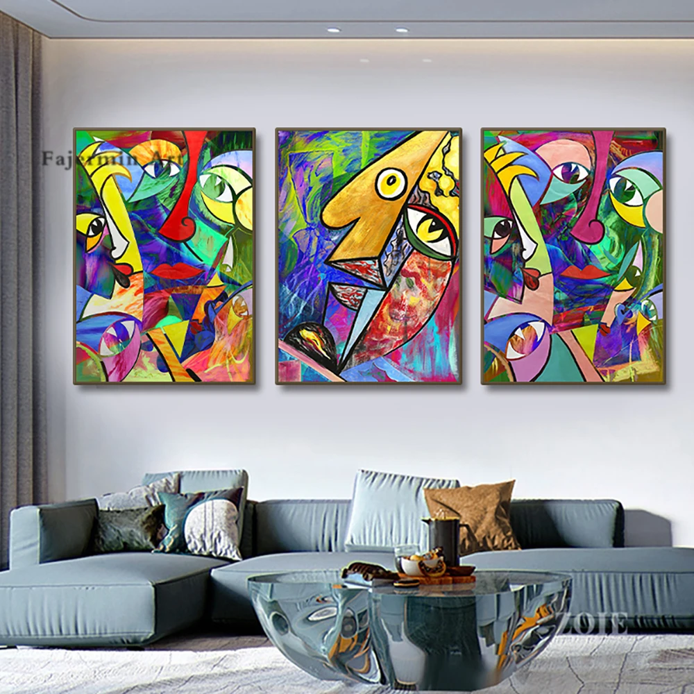 Nordic Abstract Art Picasso Style Colorful Stitching Face Canvas Poster Wall Art Canvas Painting for Living Room Home Decor