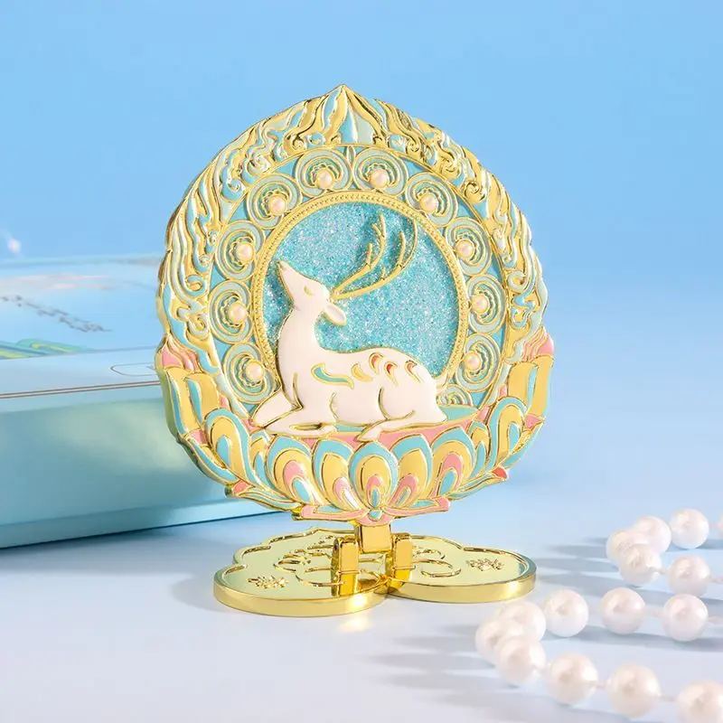 Portable Folding Metal Makeup Desktop Deer Cute Mirror Pocket Compact Vanity Handheld Mirror Student Mirrors Travel-Friendly