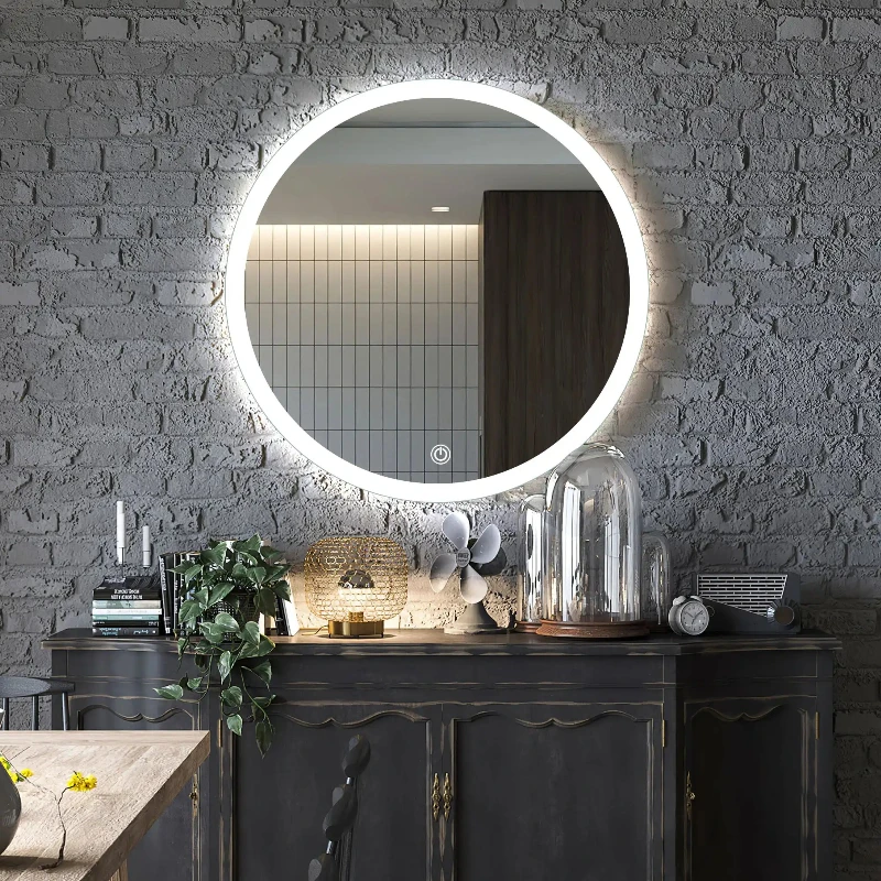 l # Wall Mounted Lighted Makeup Bluetooth Round Backlit Anti-Fog Bathroom Mirror With Led Light