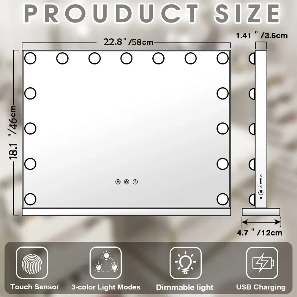 Vanity Mirror with Lights and Bluetooth Makeup Mirror, with 15 LED Bulbs Lighted Vanity Bluetooth Mirror 3 Lighting Modes