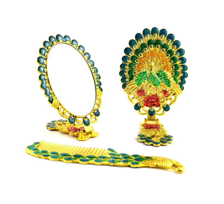 Europe large  Oval foldable Hand mirror peacock decoration mirror metal Portable home makeup mirror Beauty mirror for gifts J055
