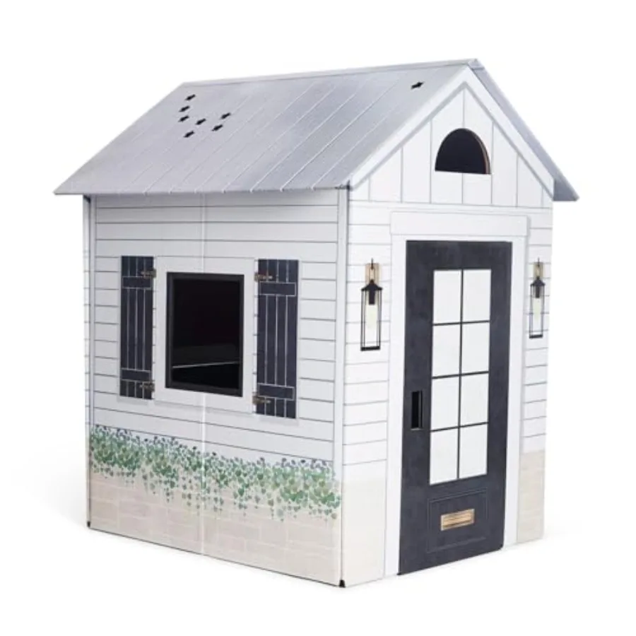 Indoor Modern Farmhouse Playhouse in White with Black Trim Foldable Design with Decorative Details