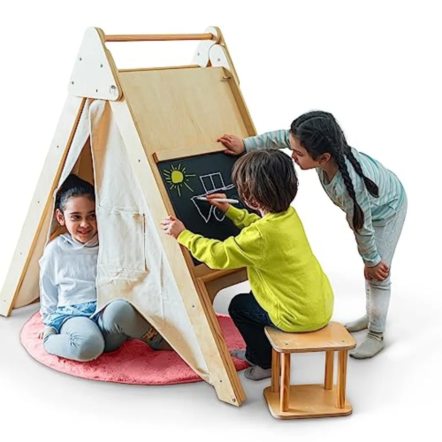 Oak foldable triangle climber 5-in-1: playhouse hideaway Montessori learning tent desk chair stool art easel chalkboard teepee