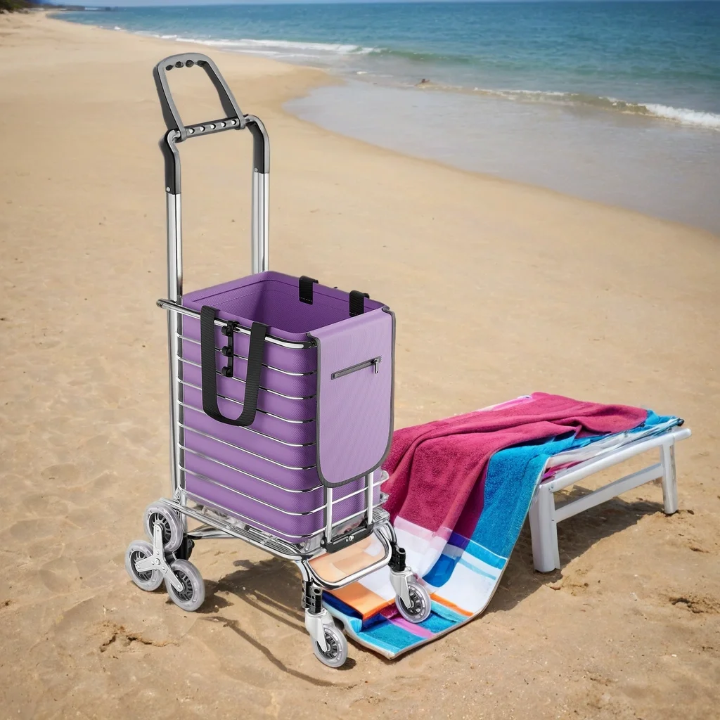 Foldable Shopping Cart Basket for Home | 40kg Load 35L Capacity, Waterproof Oxford & Aluminum Alloy, Silver/Purple