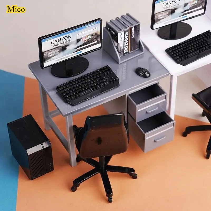 Mini Computer Keyboard & Desk Chair Desktop Ornament, Home Study Room Miniature Decor, Micro Scene Tabletop Props