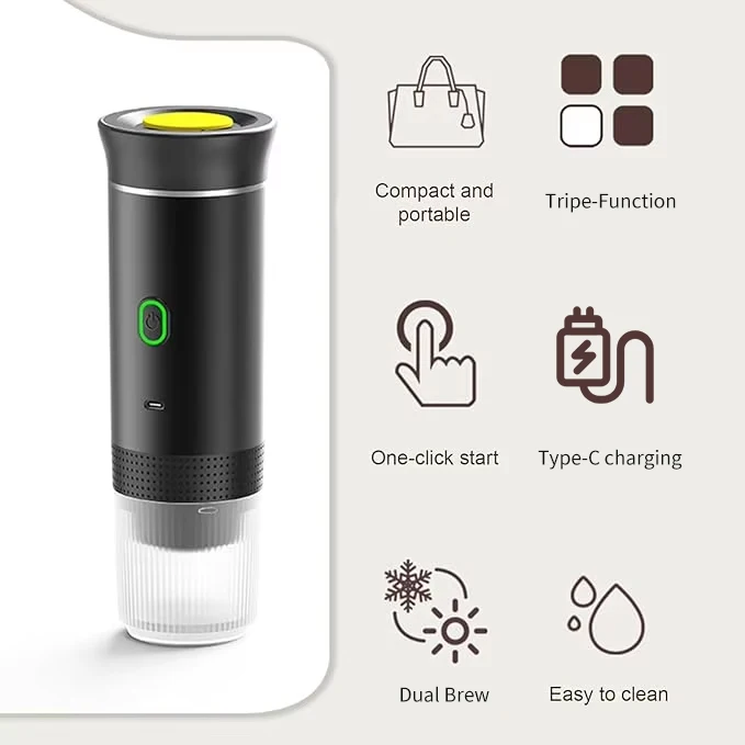 Dual Brew Portable Espresso Coffee Maker Type-C Charging Automatic Coffee Maker For Hotel Outdoor Car Travel And Camping