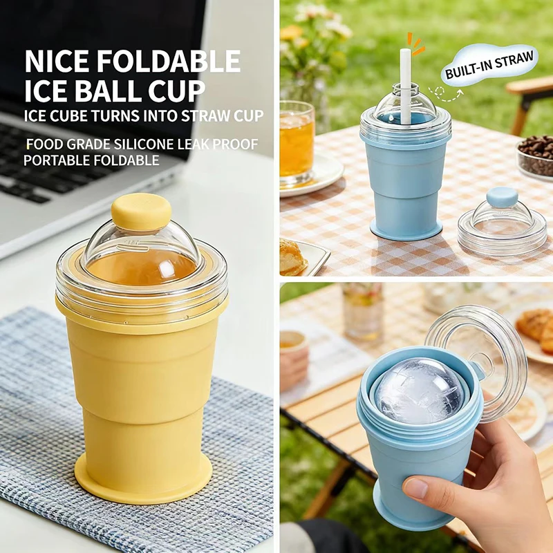 BOLTIFY 2-in-1 Collapsible Silicone Ice Ball Cup Reusable Portable Ice Sphere Mold with Straw Lid for Coffee Juice Drinks