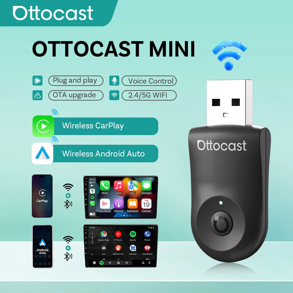 Ottocast 2 in 1 Wireless CarPlay Android Auto Adapter Plug Play Fast Connect Mini USB Dongle for Mercedes Benz Audi Toyota etc