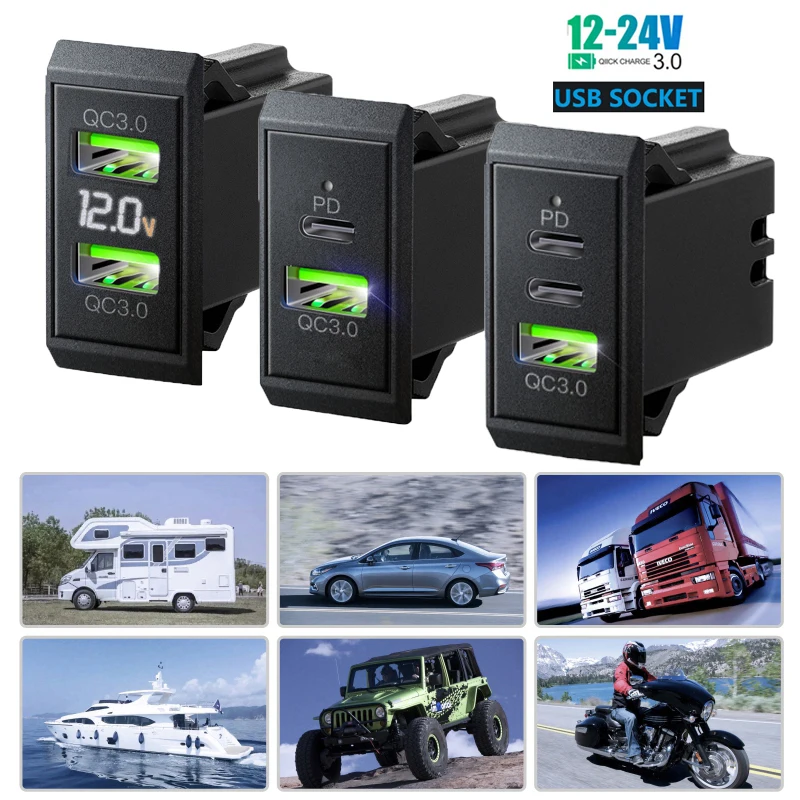 QC3.0 PD Dual USB Port Car Charger Socket 12V 24V Phone Charging Outlet Power Adapter for Motorcycle Camper Truck ATV Boat RV