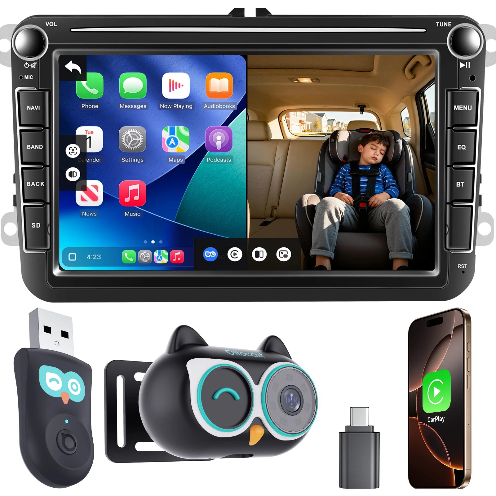 OTTOCAST Cabin Care Wireless CarPlay Adapter Baby Camera 1080P HD 150° Wide Angle View Night Vision Real Time Backseat Monitor