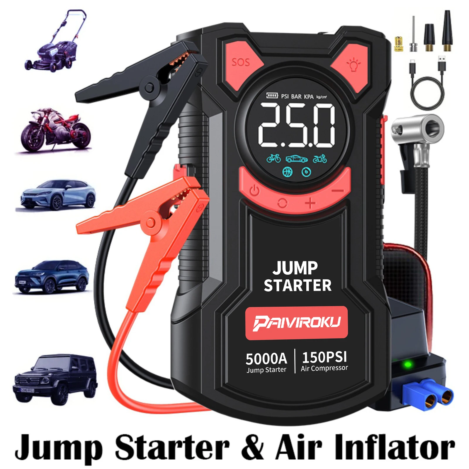 PAIVIROKU 5-in-1 Jump Starter with Air Pump 5000APeak Starter 150PSI Digital Tire Inflator Car Battery Jump Starter Power Bank