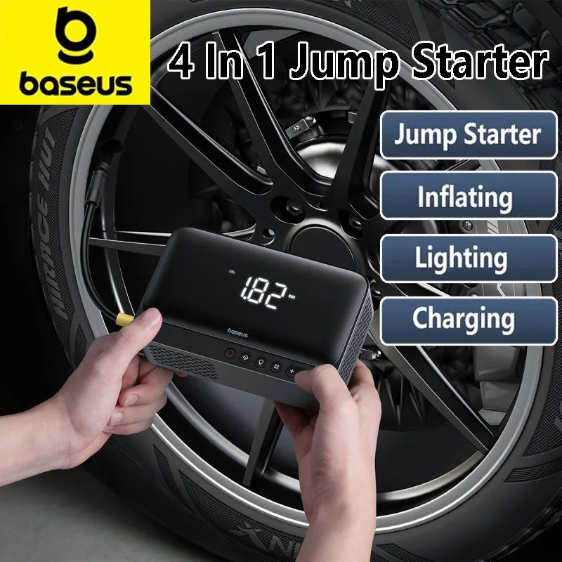 Baseus 4 In 1 Car Jump Starter with LED Lighting 600A Portable Car Battery Charger Power Bank Tire Inflator Pump Air Compressor
