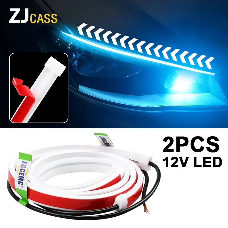 12V 2Pcs LED DRL Car Daytime Running Light Flexible With Start Sequential Scan Turn Signal Light Universal Headlight Lamp Strips